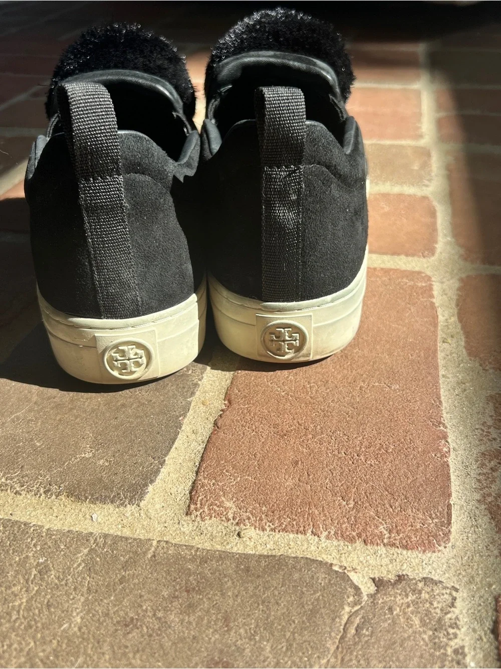 Tory Burch Black Slip-On Pom Pom Platform Sneakers with Cream Sole